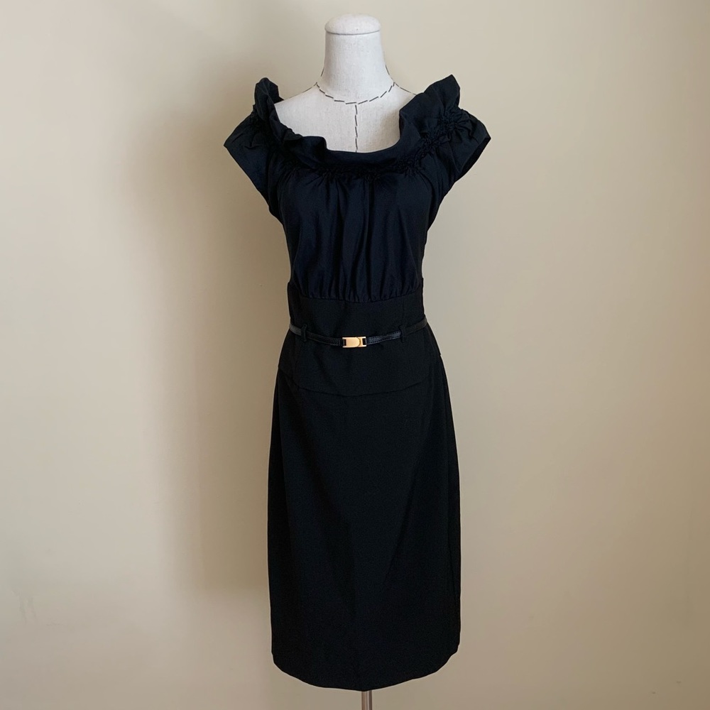 Black Halo Black Ruffle-Neck Sheath Dress with Slim Belt